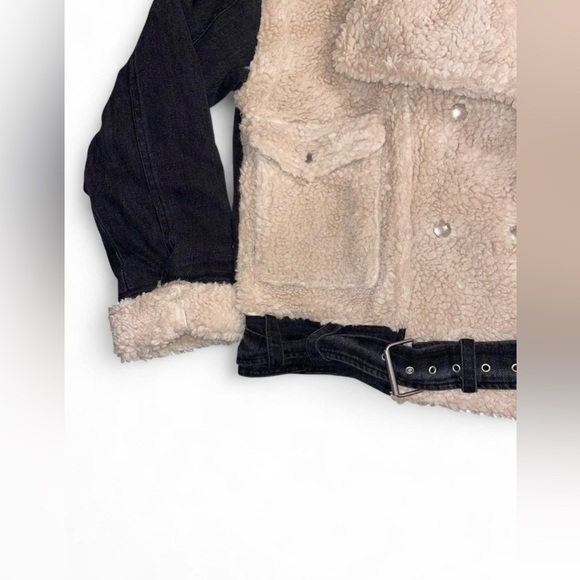 Blank NYC Ivory black faux fur jacket denim M Double breasted belted hem NWT - Picture 6 of 7